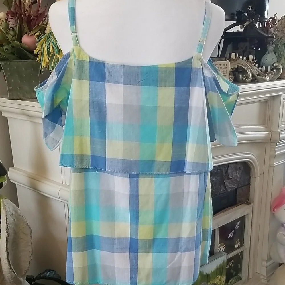 Bobeau Blue and Yellow Plaid Off-Shoulder Blouse - Picture 3 of 4